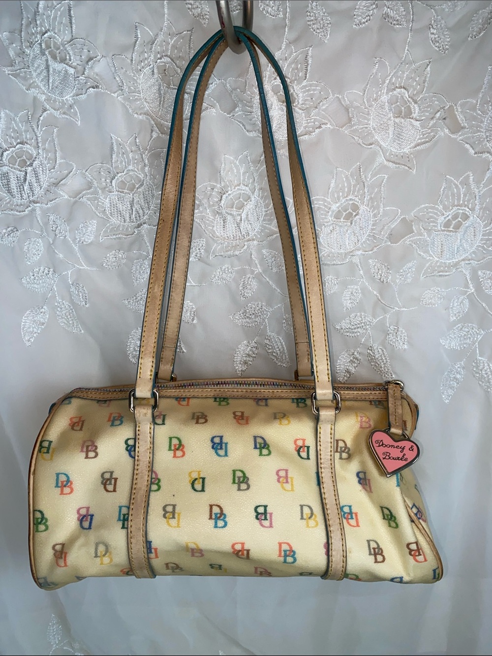 Dooney & Bourke Cream Multicolor DB Logo Barrel Shoulder Bag